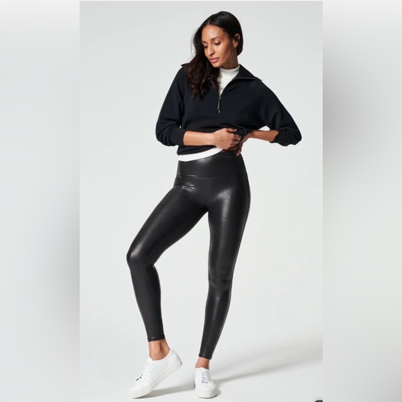 SPANX Pants - SPANX Faux Leather Black Leggings Moto Vegan Shiny size medium petite